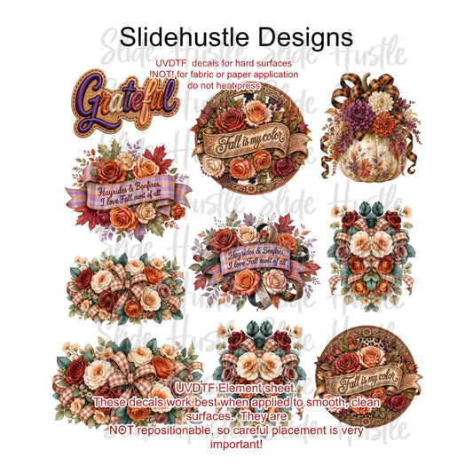 UVDTF Element Sheet, Fall florals, pumpkins, and banners, 11"x11", VF904 ES11