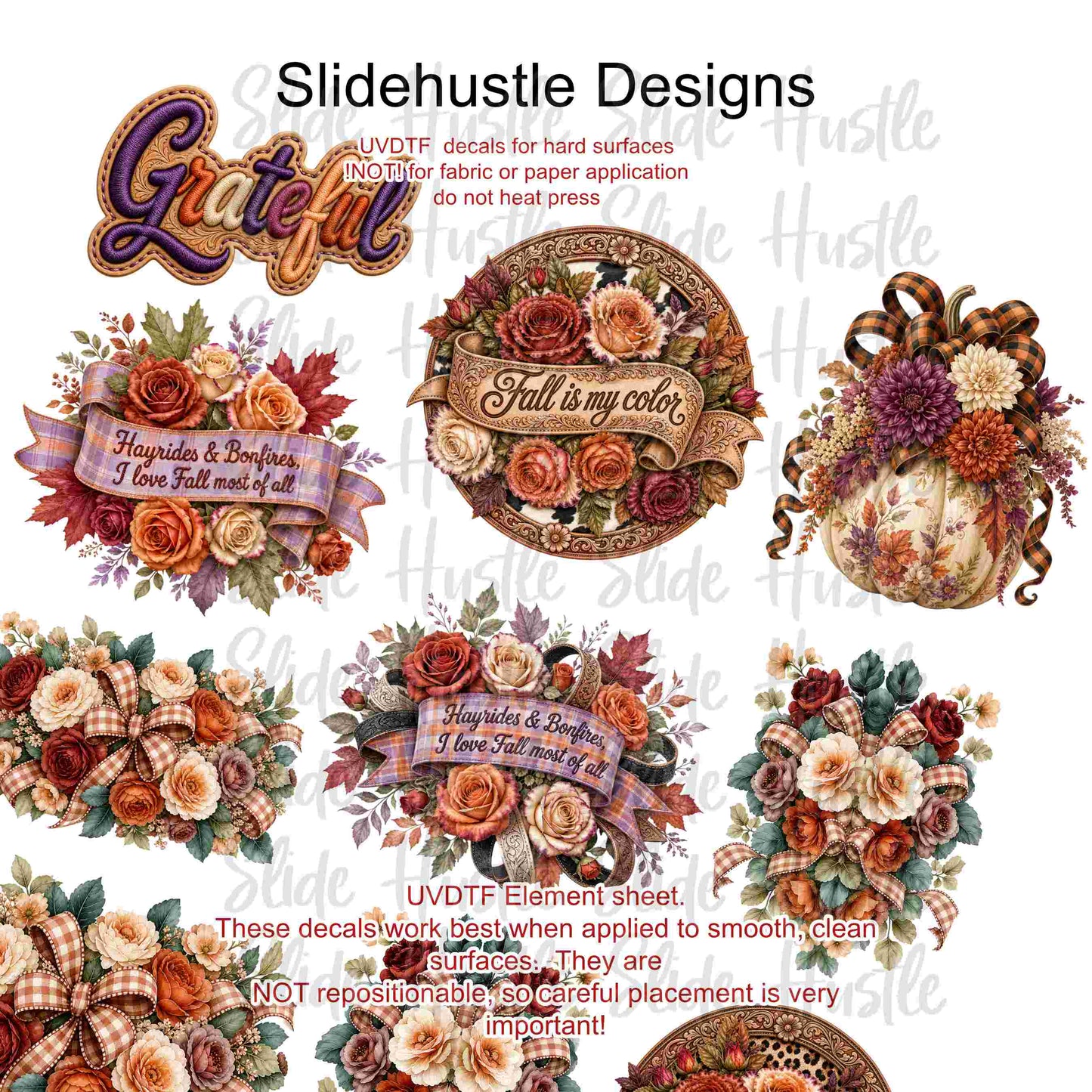 UVDTF Element Sheet, Fall florals, pumpkins, and banners, 11"x11", VF904 ES11