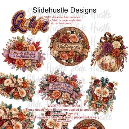UVDTF Element Sheet, Fall florals, pumpkins, and banners, 11"x11", VF904 ES11