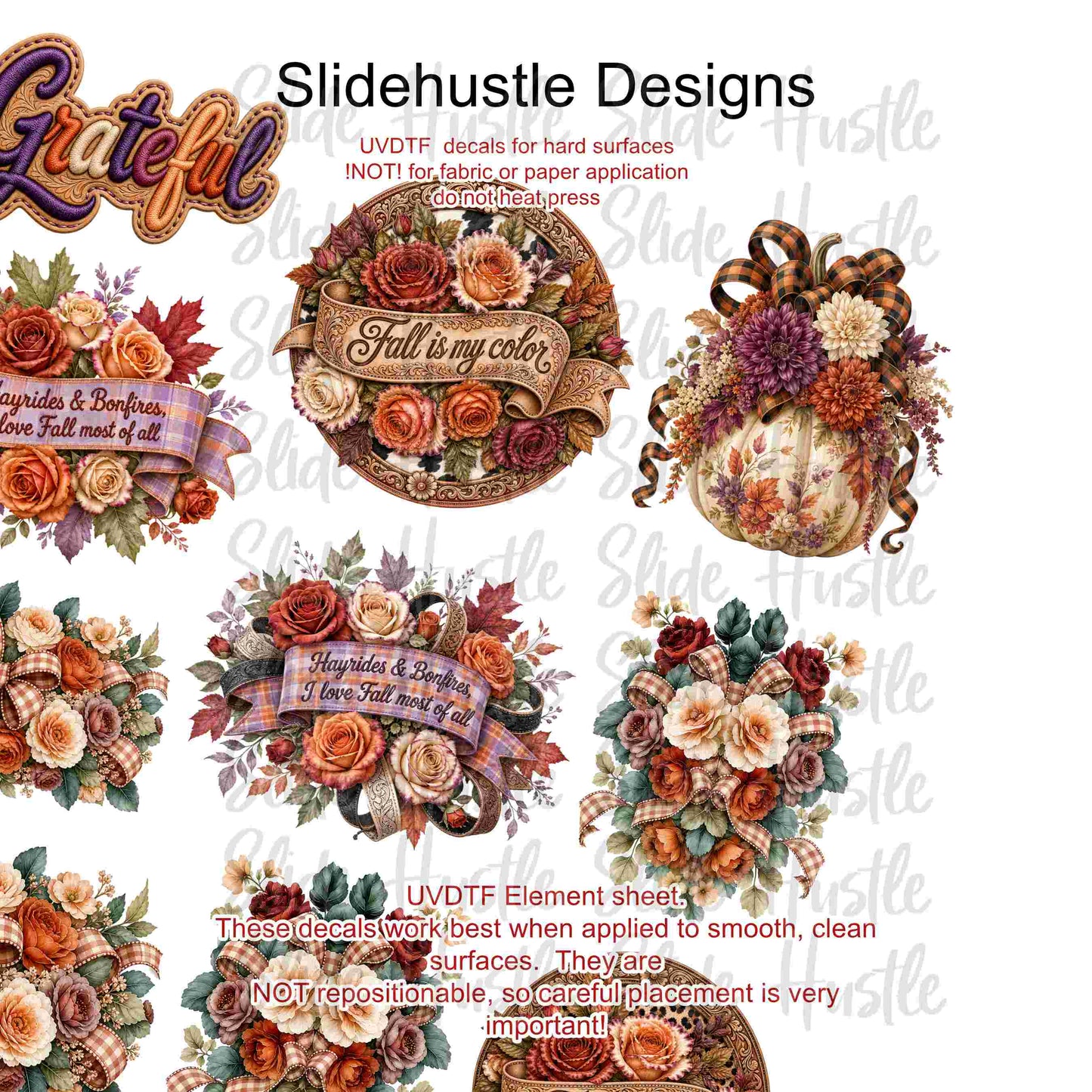 UVDTF Element Sheet, Fall florals, pumpkins, and banners, 11"x11", VF904 ES11