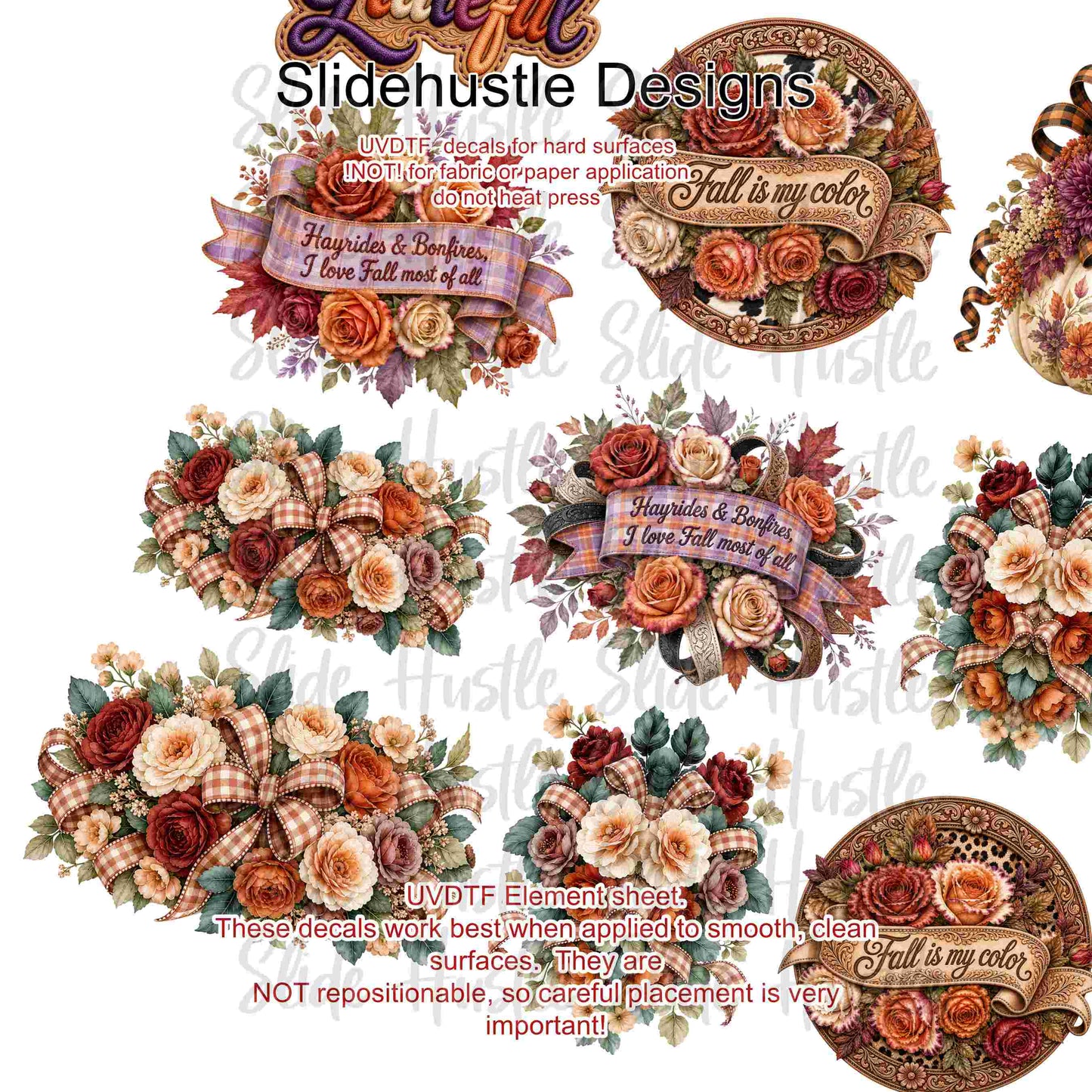 UVDTF Element Sheet, Fall florals, pumpkins, and banners, 11"x11", VF904 ES11