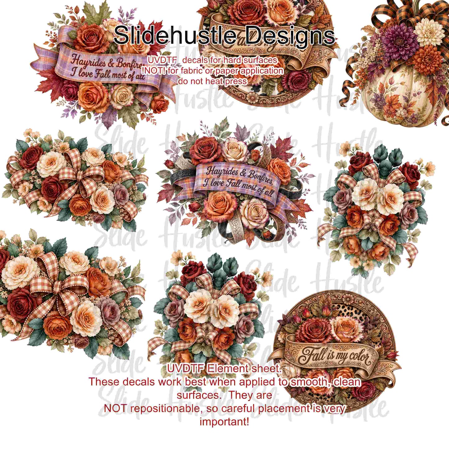 UVDTF Element Sheet, Fall florals, pumpkins, and banners, 11"x11", VF904 ES11