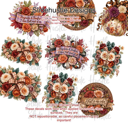 UVDTF Element Sheet, Fall florals, pumpkins, and banners, 11"x11", VF904 ES11
