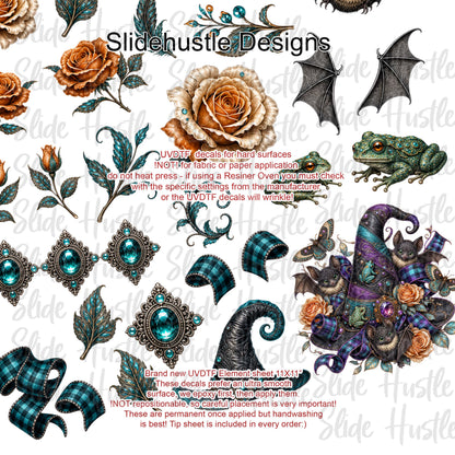 UVDTF Element Sheet, Halloween, Flowers, Witch Hats, Bats, 11"x11", VF904 ES6