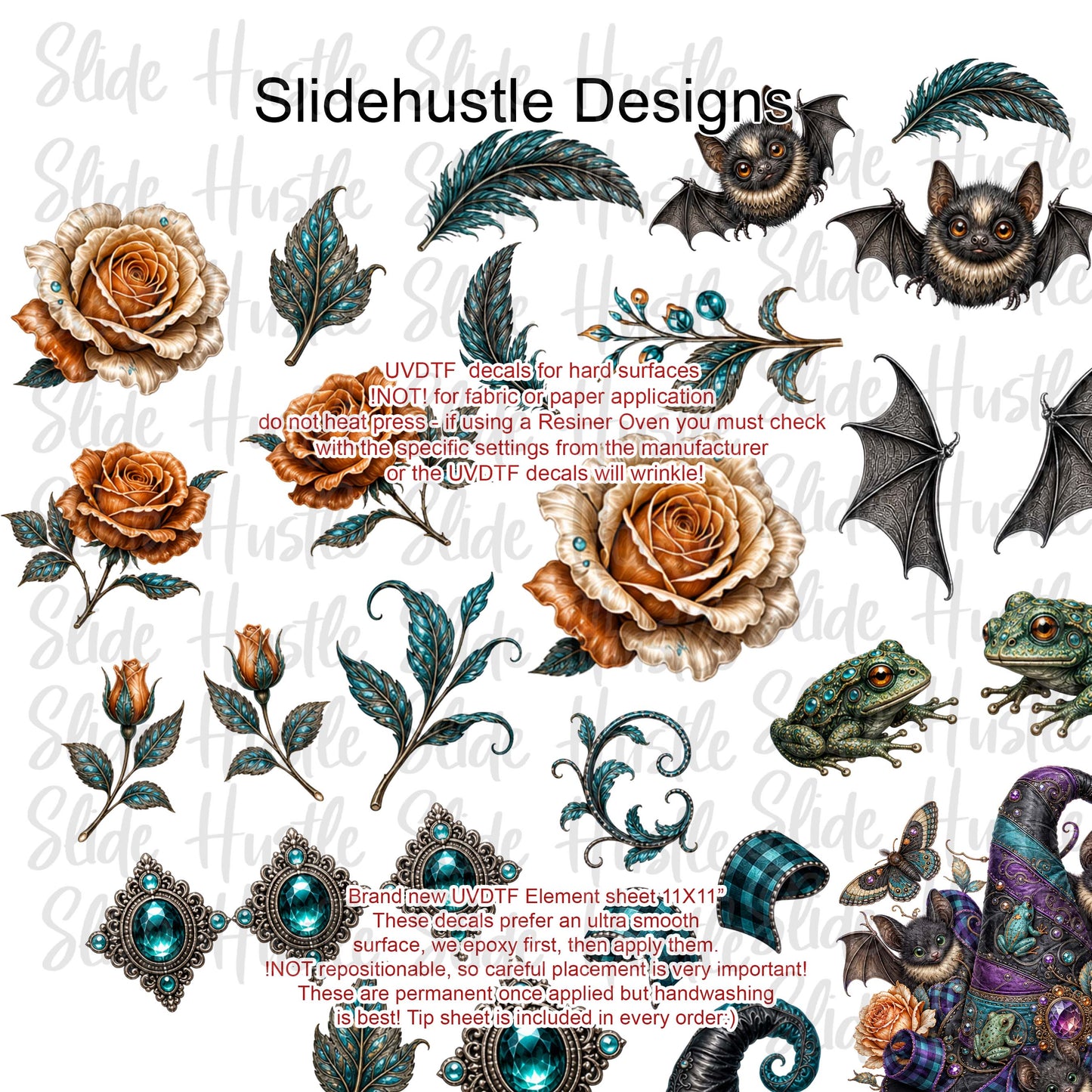 UVDTF Element Sheet, Halloween, Flowers, Witch Hats, Bats, 11"x11", VF904 ES6
