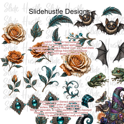UVDTF Element Sheet, Halloween, Flowers, Witch Hats, Bats, 11"x11", VF904 ES6