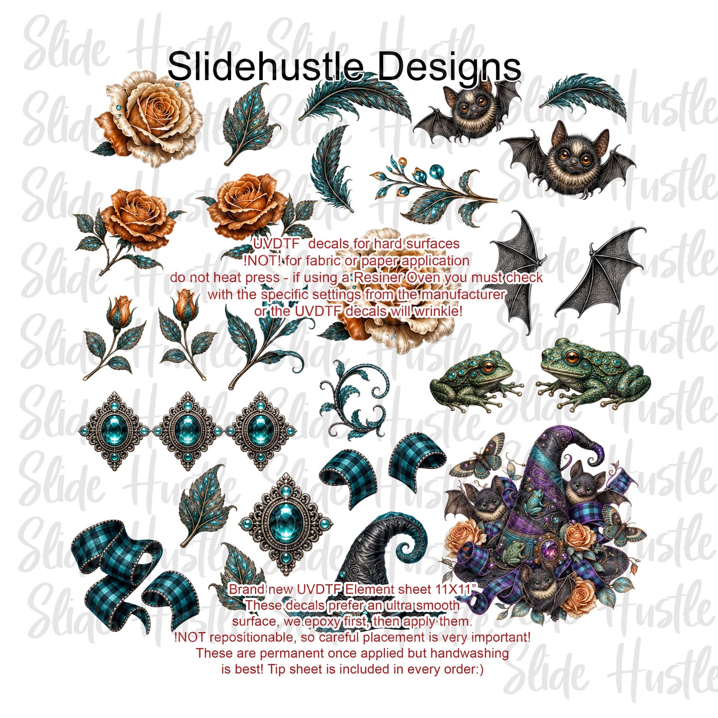 UVDTF Element Sheet, Halloween, Flowers, Witch Hats, Bats, 11"x11", VF904 ES6