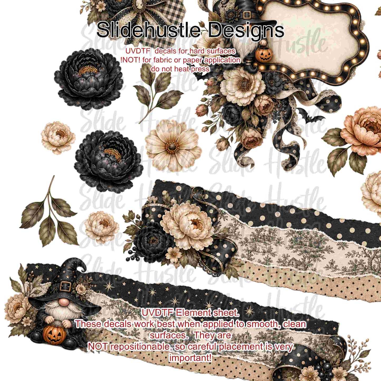UVDTF Element Sheet, Halloween, Gnomes, borders, flowers, 11"x11", VF904 ES7