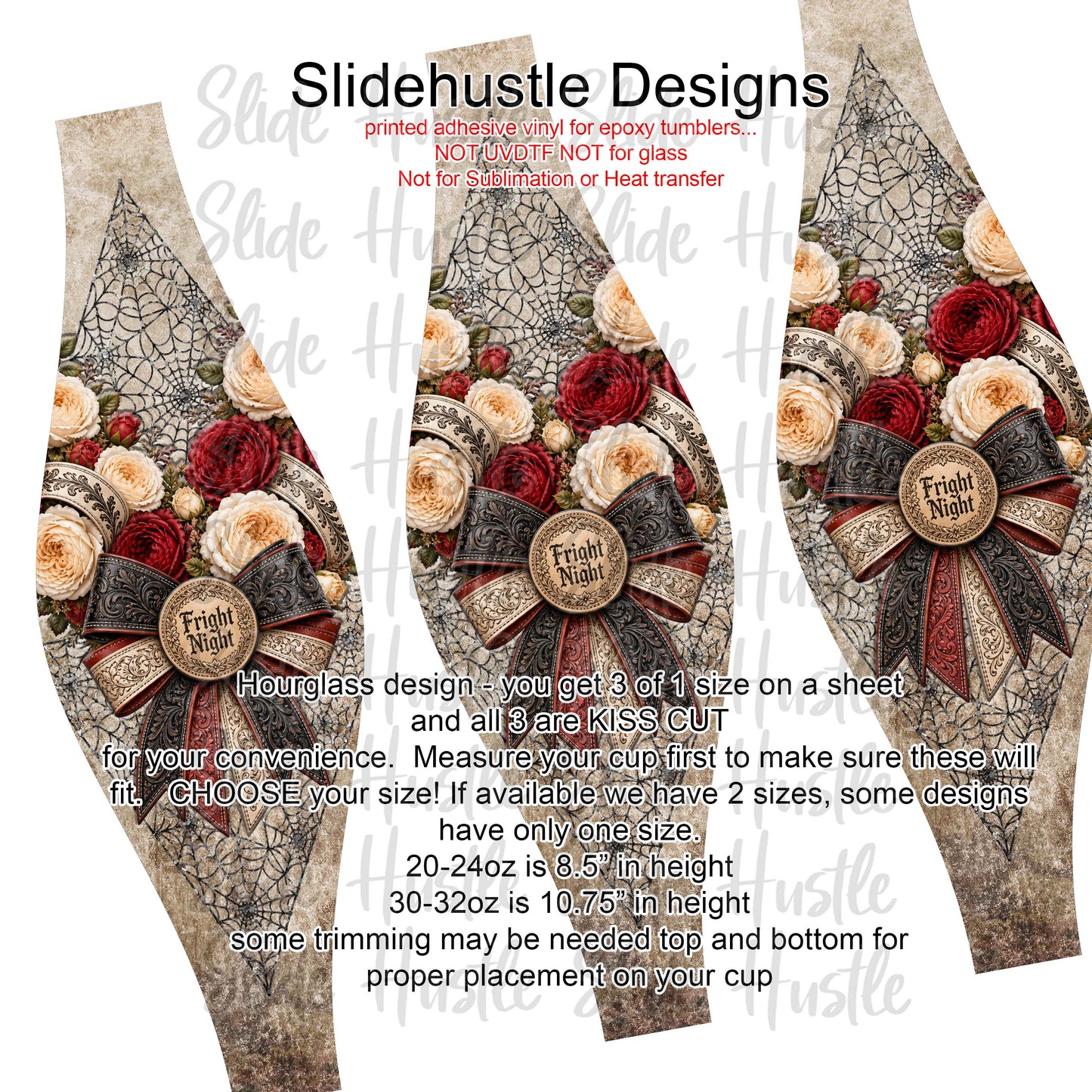 Hourglass Design, Fright Night Bows with Roses and spider Webs, Choose 20 or 30 ounce option, VF904 HG10