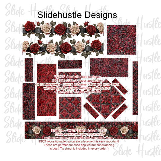 UVDTF Element Sheet, Dark Floral borders and Dark embossed shapes VF904 ES2