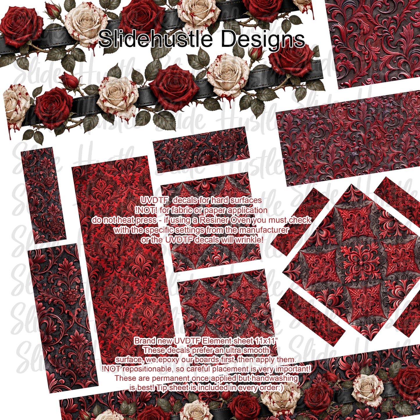 UVDTF Element Sheet, Dark Floral borders and Dark embossed shapes VF904 ES2
