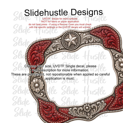 UVDTF Decal, Red and Silver Embossed Leather Frame with conchos, VF905 D17