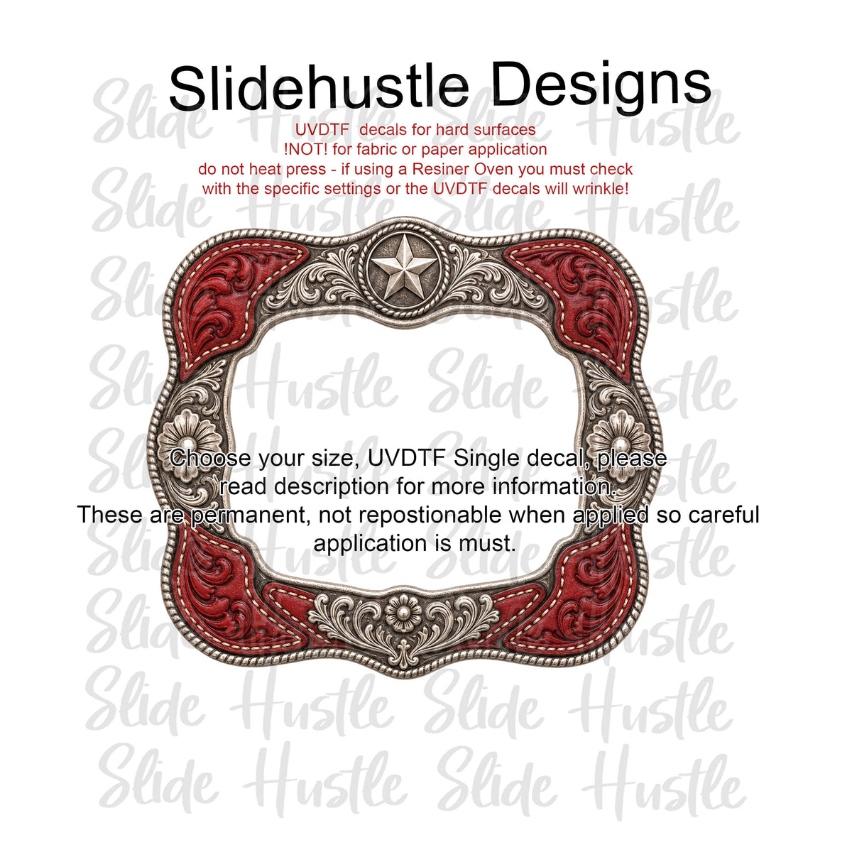 UVDTF Decal, Red and Silver Embossed Leather Frame with conchos, VF905 D17