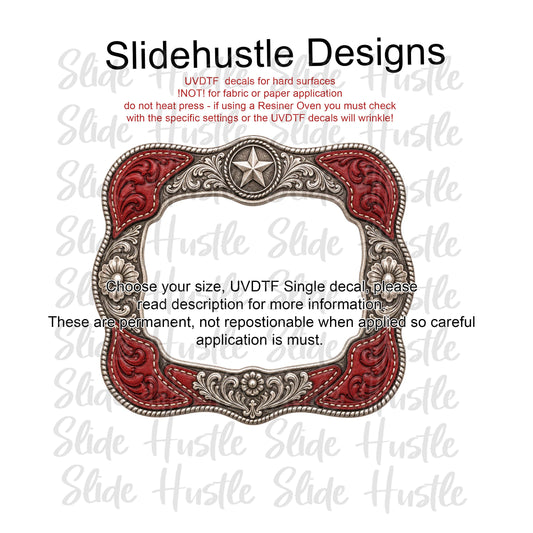 UVDTF Decal, Red and Silver Embossed Leather Frame with conchos, VF905 D17