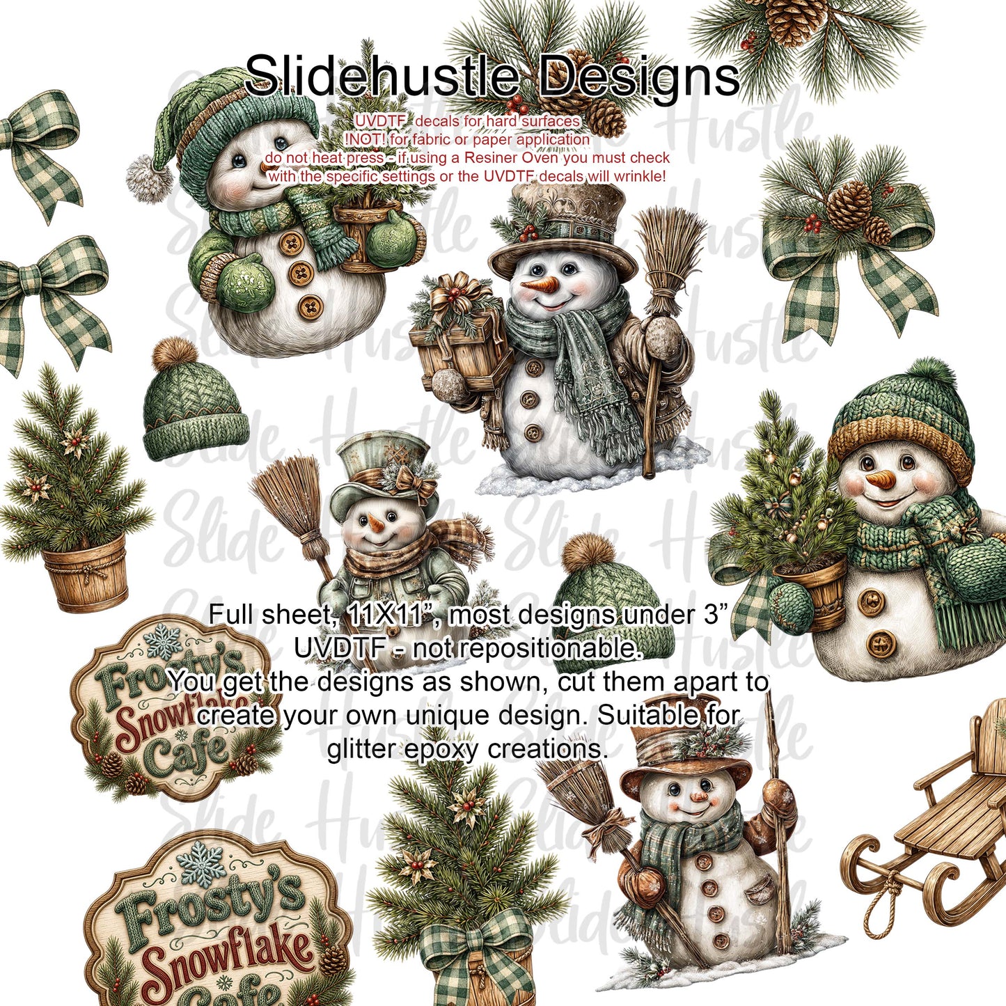 UVDTF Element Sheet, Christmas, Farmhouse Snowman, Red gingham, 11"x11", VF905 ES1
