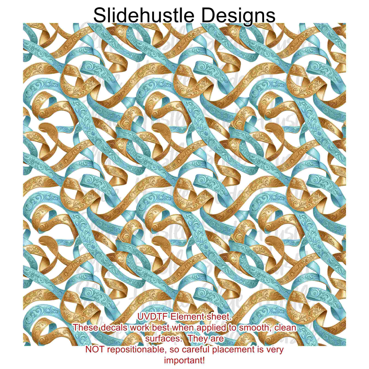 UVDTF Element Sheet, Blue and Gold embossed leather ribbon, 11x11", VF905 ES19