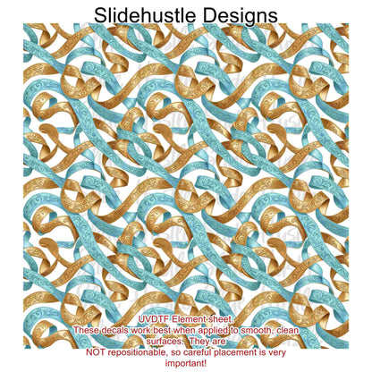 UVDTF Element Sheet, Blue and Gold embossed leather ribbon, 11x11", VF905 ES19