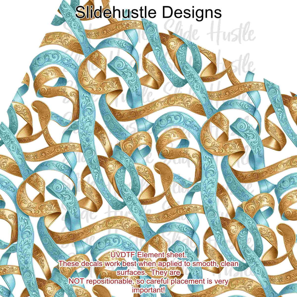 UVDTF Element Sheet, Blue and Gold embossed leather ribbon, 11x11", VF905 ES19
