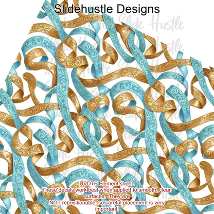 UVDTF Element Sheet, Blue and Gold embossed leather ribbon, 11x11", VF905 ES19