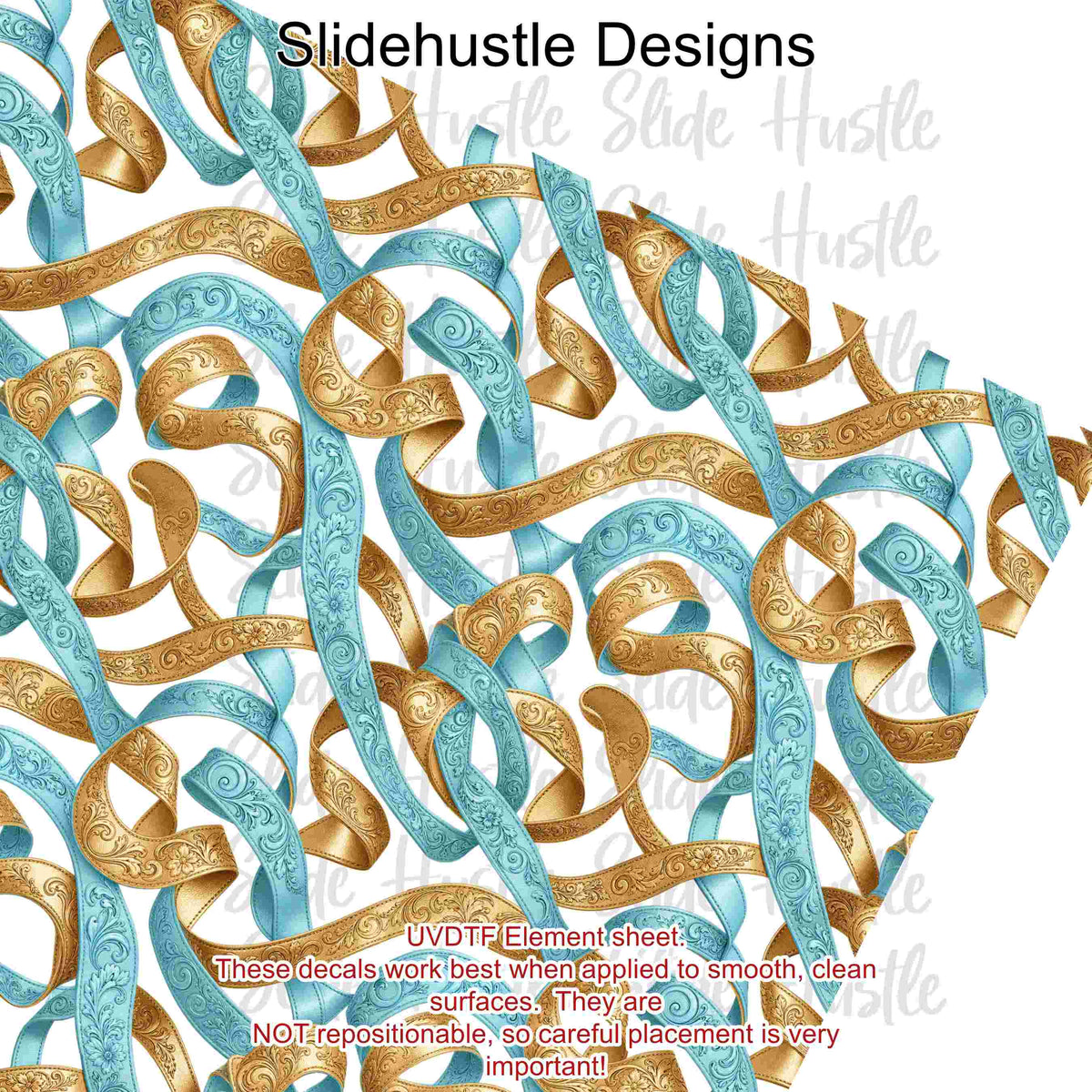 UVDTF Element Sheet, Blue and Gold embossed leather ribbon, 11x11", VF905 ES19