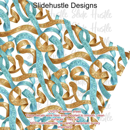 UVDTF Element Sheet, Blue and Gold embossed leather ribbon, 11x11", VF905 ES19