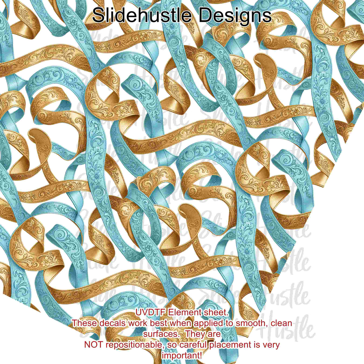 UVDTF Element Sheet, Blue and Gold embossed leather ribbon, 11x11", VF905 ES19