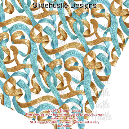 UVDTF Element Sheet, Blue and Gold embossed leather ribbon, 11x11", VF905 ES19