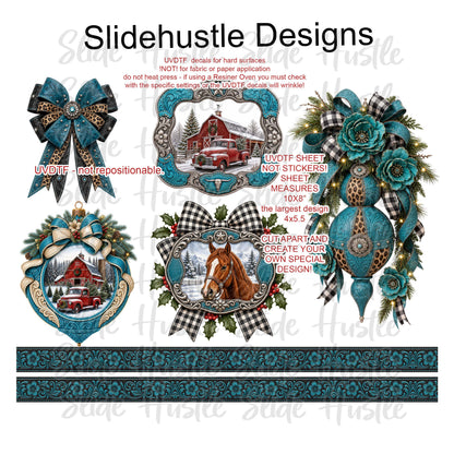 UVDTF Element Sheet, 10x8", Turquoise medallions, embossed ribbon, and ornaments VF905 ES20
