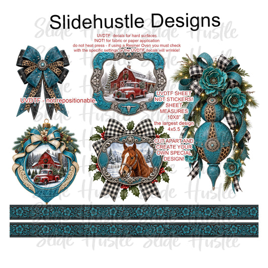 UVDTF Element Sheet, 10x8", Turquoise medallions, embossed ribbon, and ornaments VF905 ES20