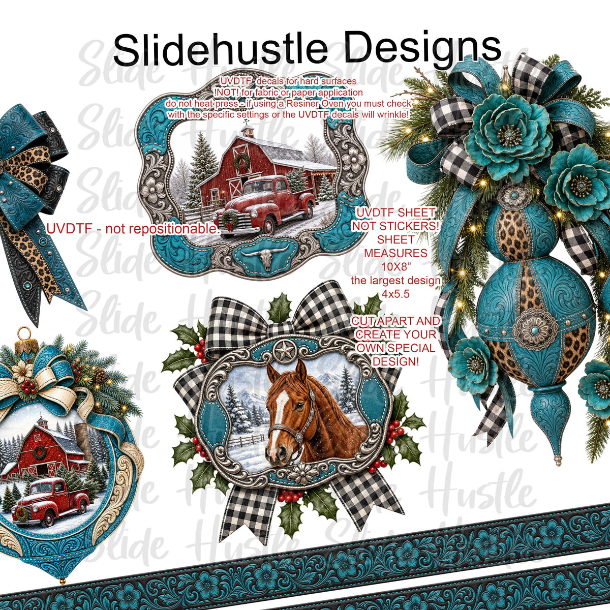 UVDTF Element Sheet, 10x8", Turquoise medallions, embossed ribbon, and ornaments VF905 ES20