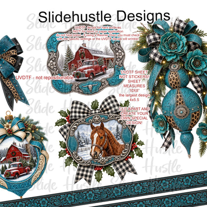 UVDTF Element Sheet, 10x8", Turquoise medallions, embossed ribbon, and ornaments VF905 ES20
