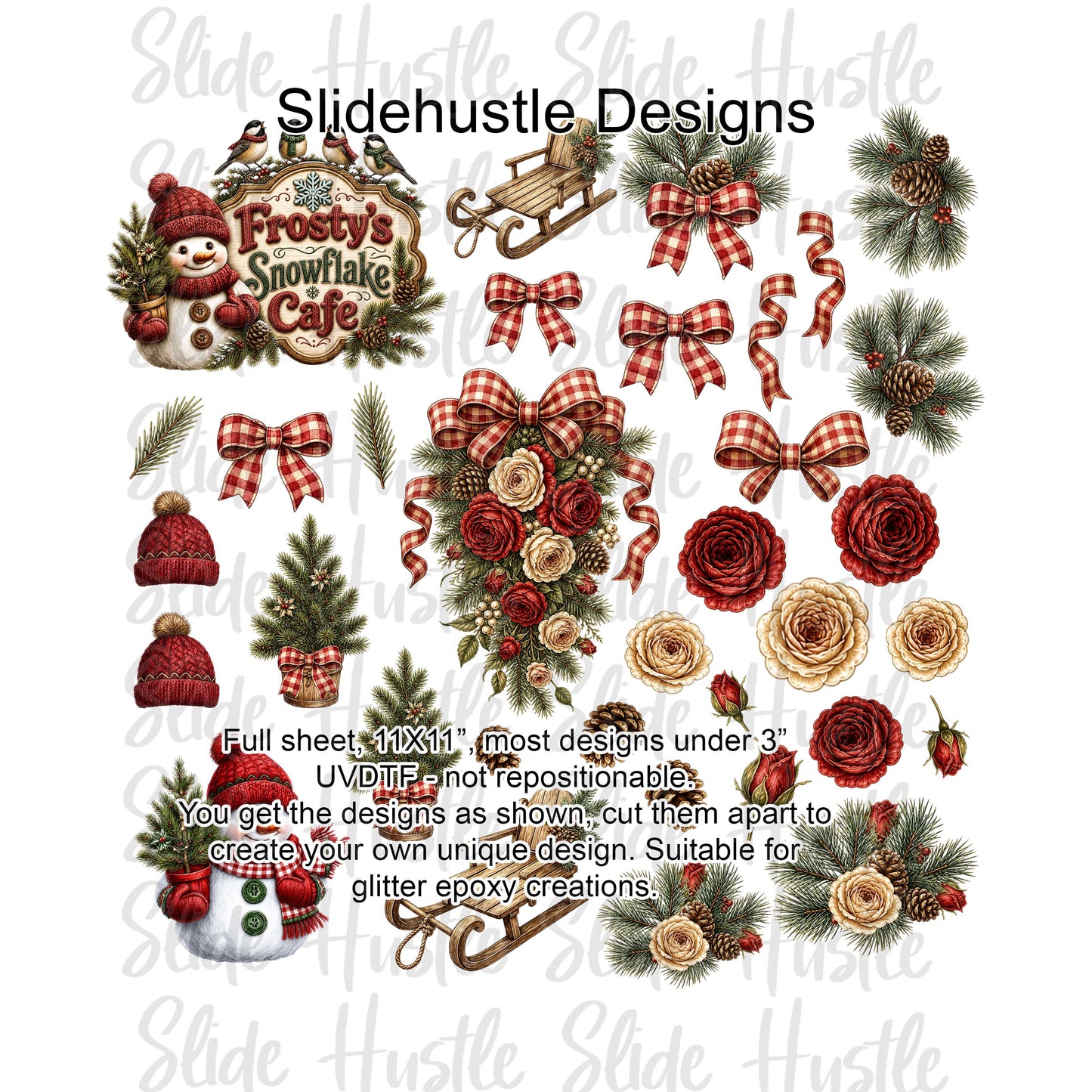 UVDTF Element Sheet, Christmas, Frosty's Snowflake Cafe, Red gingham, 11"x11", VF905 ES2