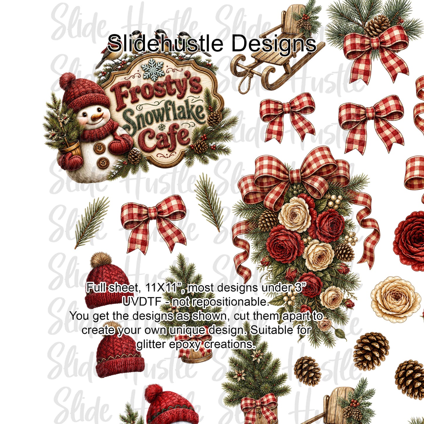 UVDTF Element Sheet, Christmas, Frosty's Snowflake Cafe, Red gingham, 11"x11", VF905 ES2