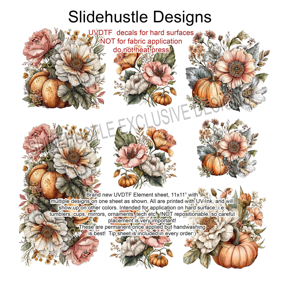 UVDTF Element Sheet, Fall Florals with pumpkins, 11"x11", VF905 ES21