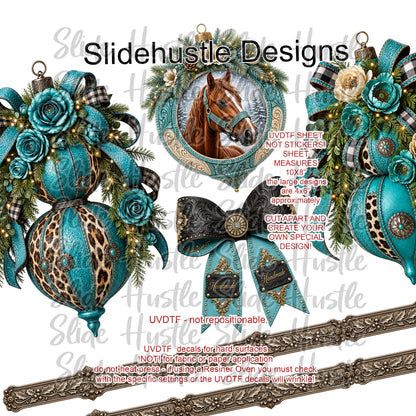 UVDTF Element Sheet, 10x8", Western Christmas, Horse medallions, Florals, and ornaments VF905 ES24