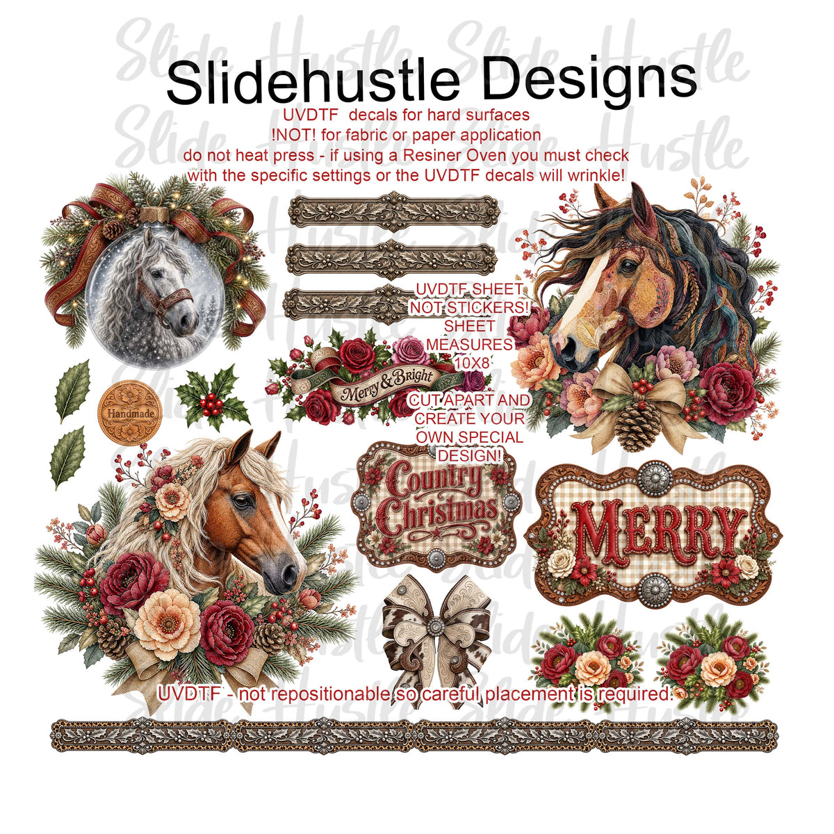 UVDTF Element Sheet, 10x8", Western Christmas, Horse medallions, Florals, and ornaments VF905 ES23