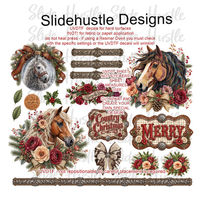 UVDTF Element Sheet, 10x8", Western Christmas, Horse medallions, Florals, and ornaments VF905 ES23