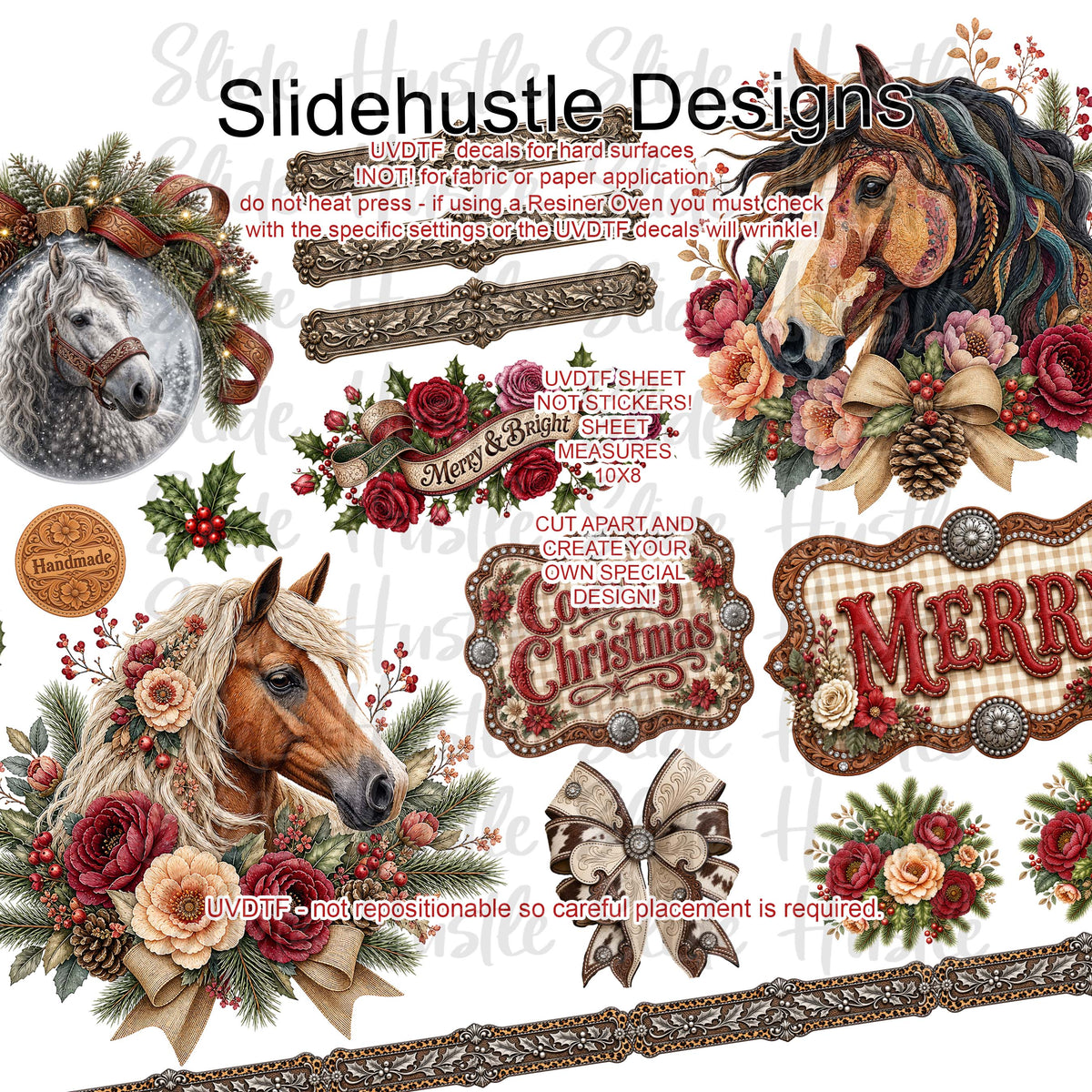 UVDTF Element Sheet, 10x8", Western Christmas, Horse medallions, Florals, and ornaments VF905 ES23