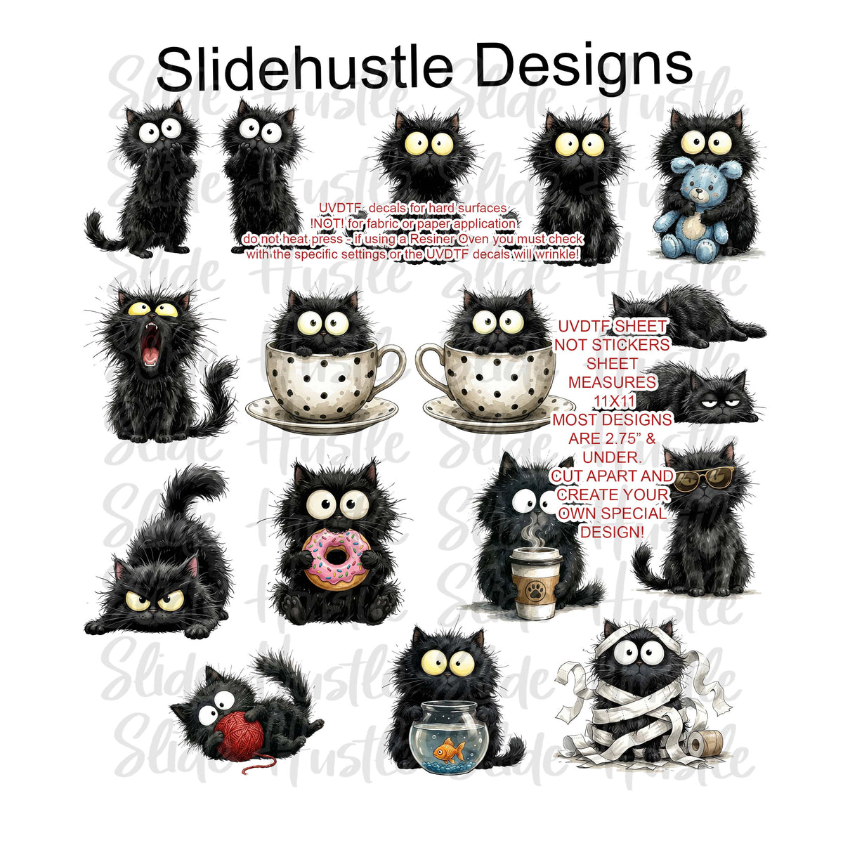 UVDTF Element Sheet, Cute Black Cats, 11x11", VF905 ES24