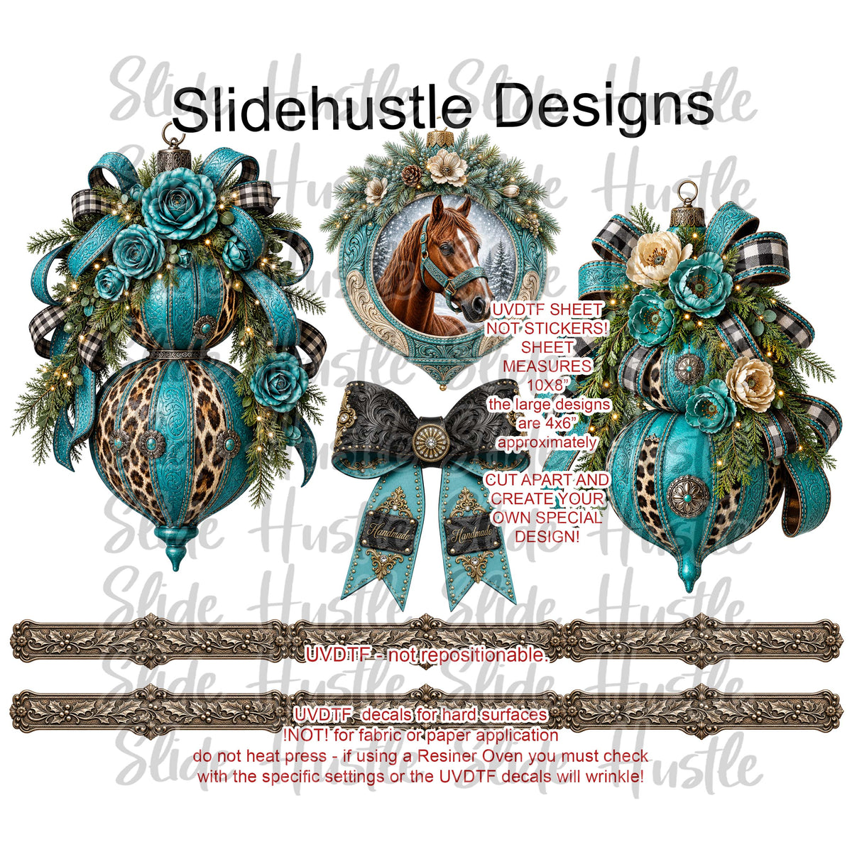UVDTF Element Sheet, 10x8", Western Christmas, Horse medallions, Florals, and ornaments VF905 ES24