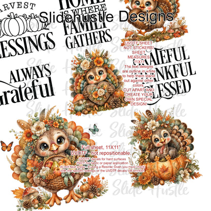 UVDTF Element Sheet, Thanksgiving, Cute Turkeys, 11x11", VF905 ES25