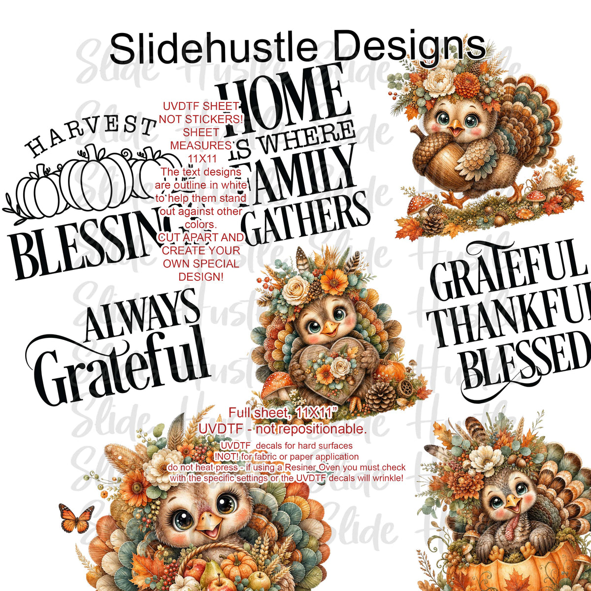 UVDTF Element Sheet, Thanksgiving, Cute Turkeys, 11x11", VF905 ES25