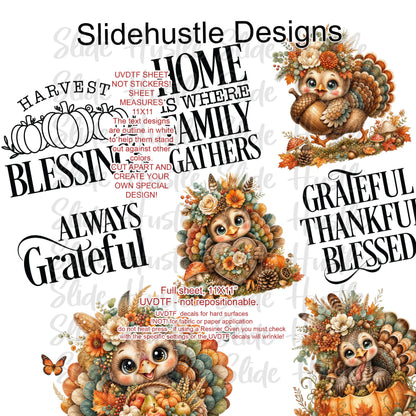 UVDTF Element Sheet, Thanksgiving, Cute Turkeys, 11x11", VF905 ES25