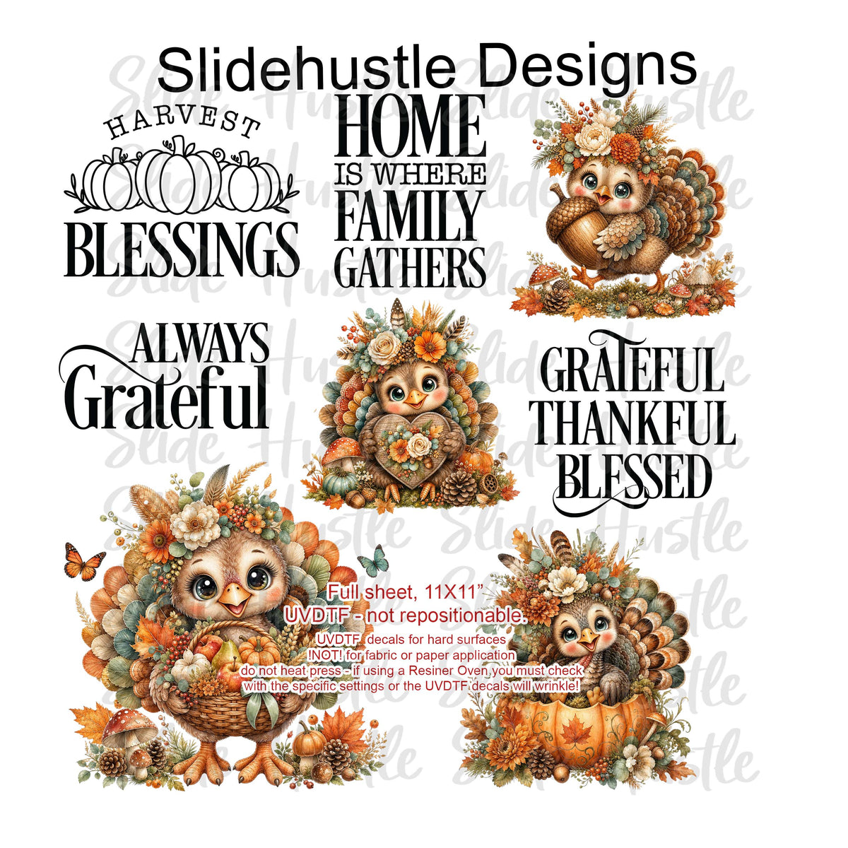 UVDTF Element Sheet, Thanksgiving, Cute Turkeys, 11x11", VF905 ES25