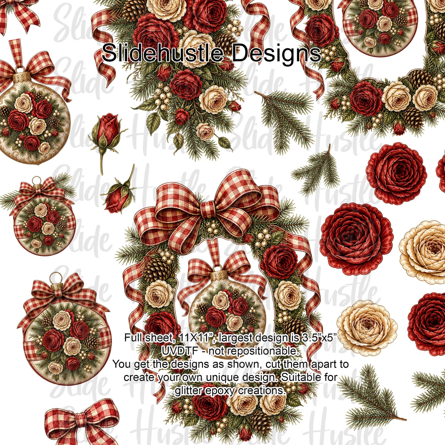 UVDTF Element Sheet, Christmas wreaths, Red gingham, 10x10", VF905 ES3