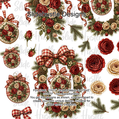 UVDTF Element Sheet, Christmas wreaths, Red gingham, 10x10", VF905 ES3
