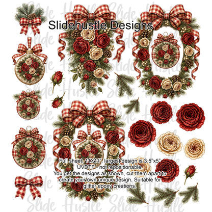 UVDTF Element Sheet, Christmas wreaths, Red gingham, 10x10", VF905 ES3