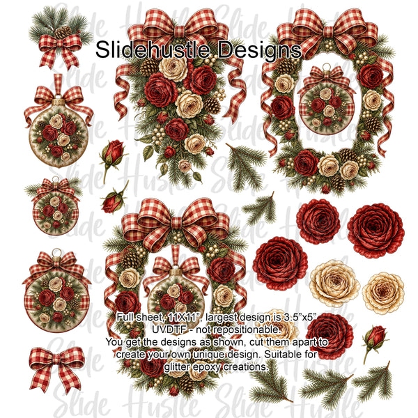 UVDTF Element Sheet, Christmas wreaths, Red gingham, 10x10", VF905 ES3