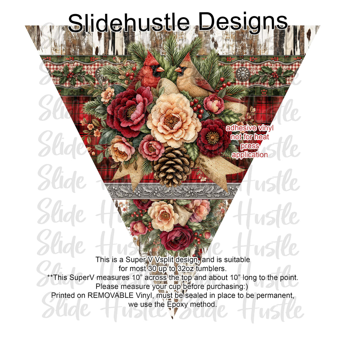 Super V design, Christmas Cardinals on barnboard, choose either 20 ounce or 30 ounce size. VF905 VS3