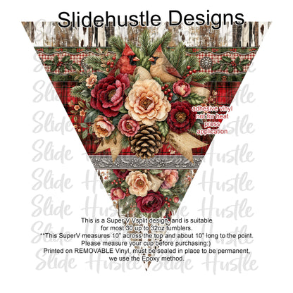 Super V design, Christmas Cardinals on barnboard, choose either 20 ounce or 30 ounce size. VF905 VS3
